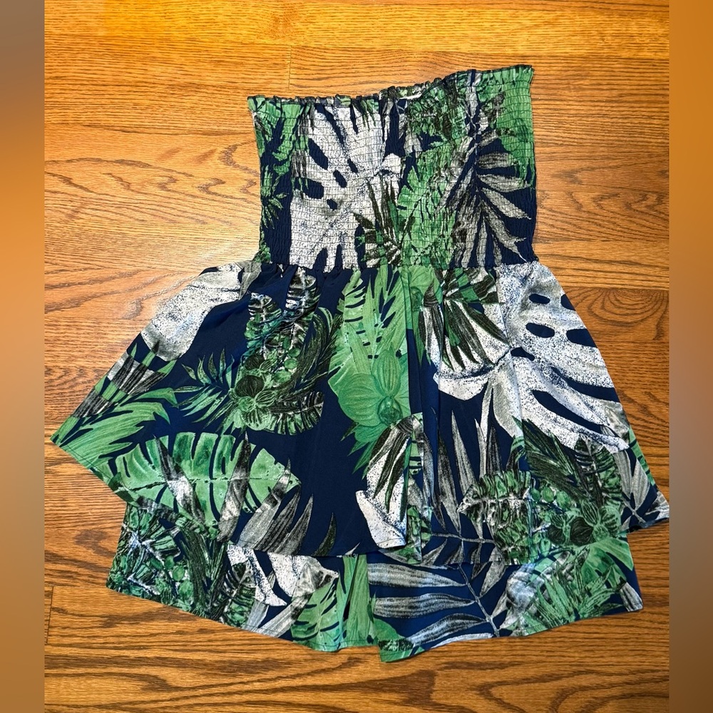Navy Green Tropical Strapless Sundress Size Medium